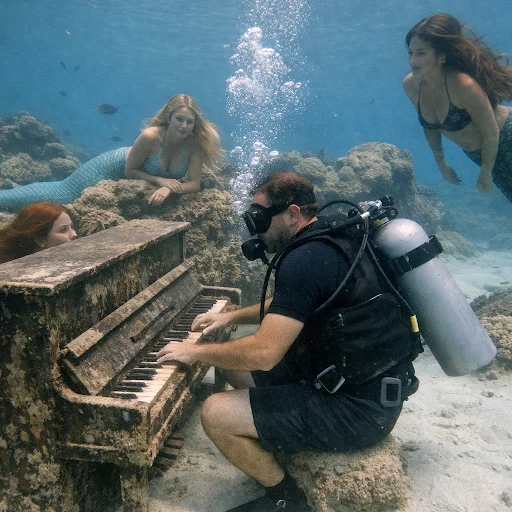 A diver playing an underwater piano