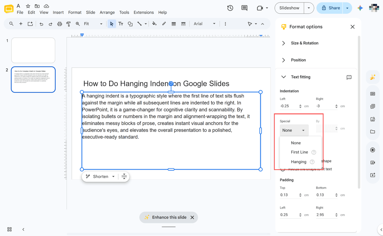 choose indent options