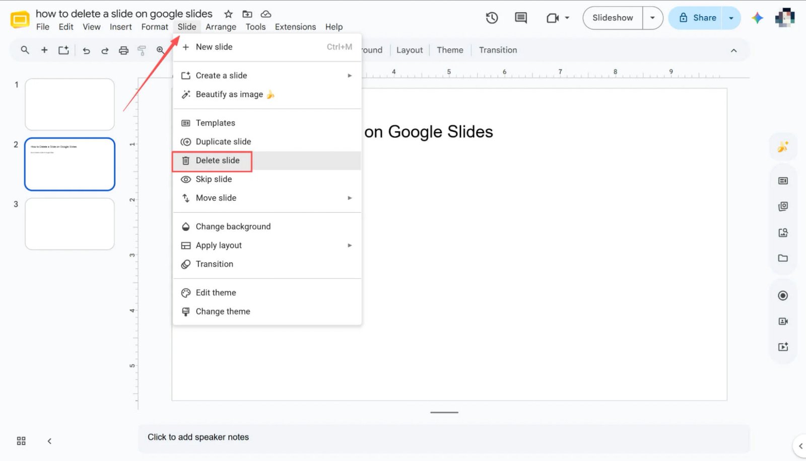 Een dia verwijderen in Google Slides