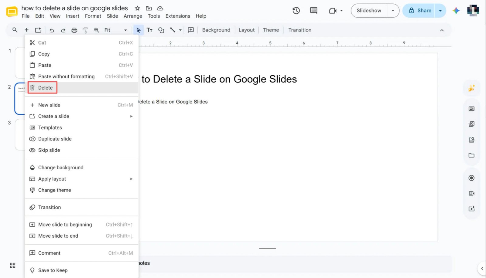 Een dia in Google Slides verwijderen via een rechtermuisklik.