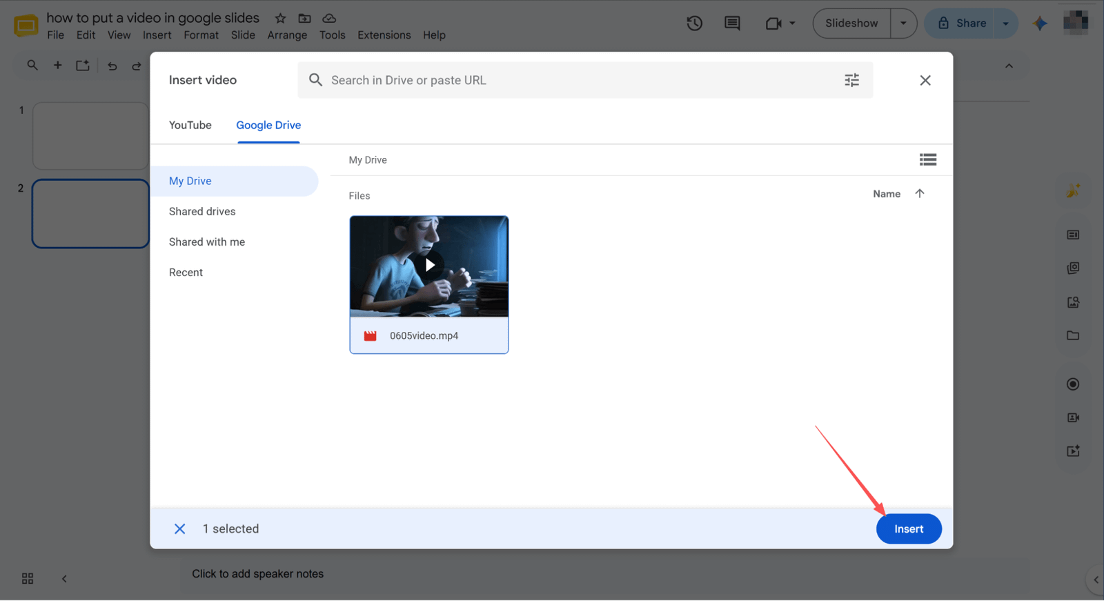 Insérer une vidéo via Google Drive