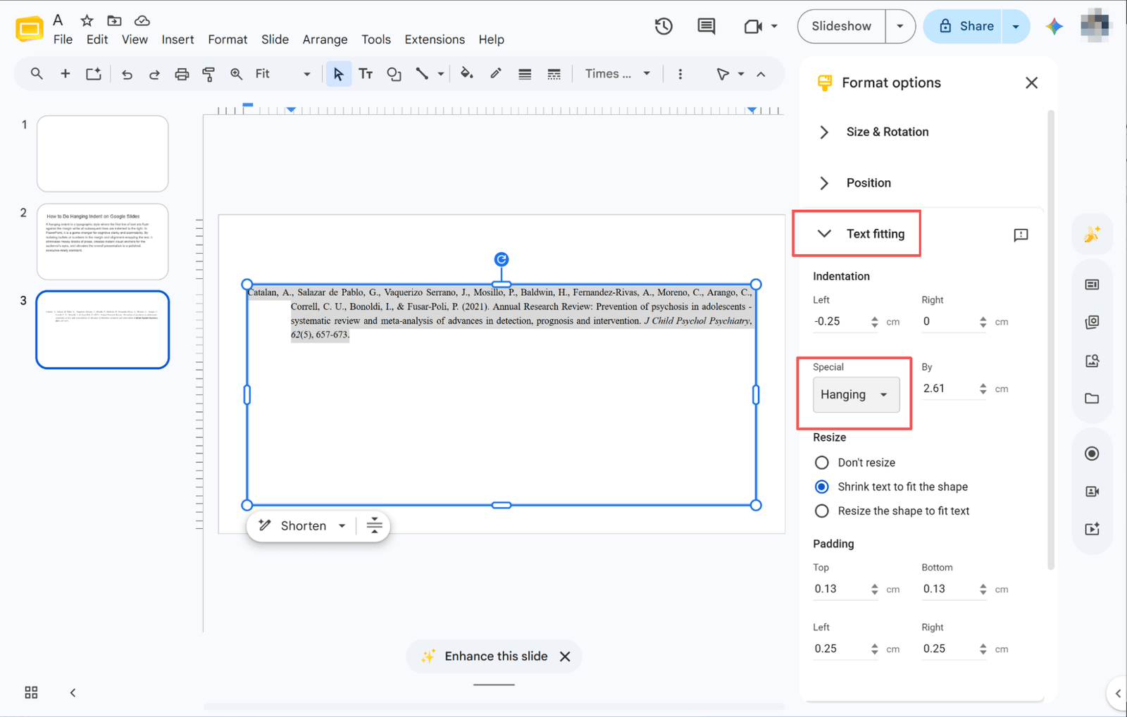 selecting hanging indent