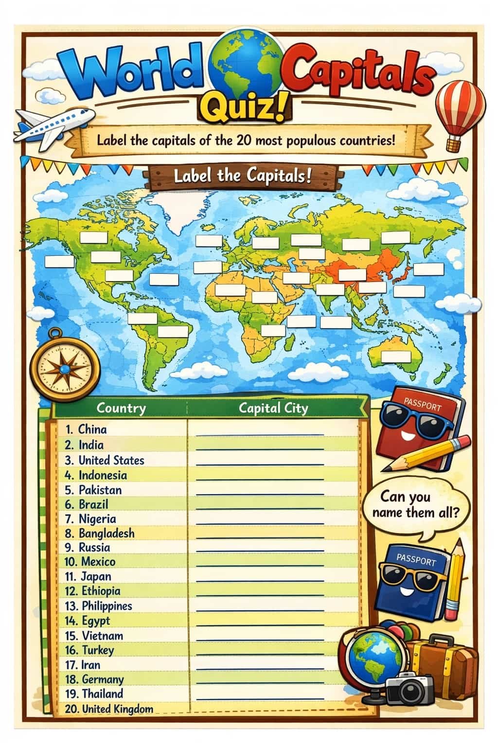 World capitals quiz worksheet