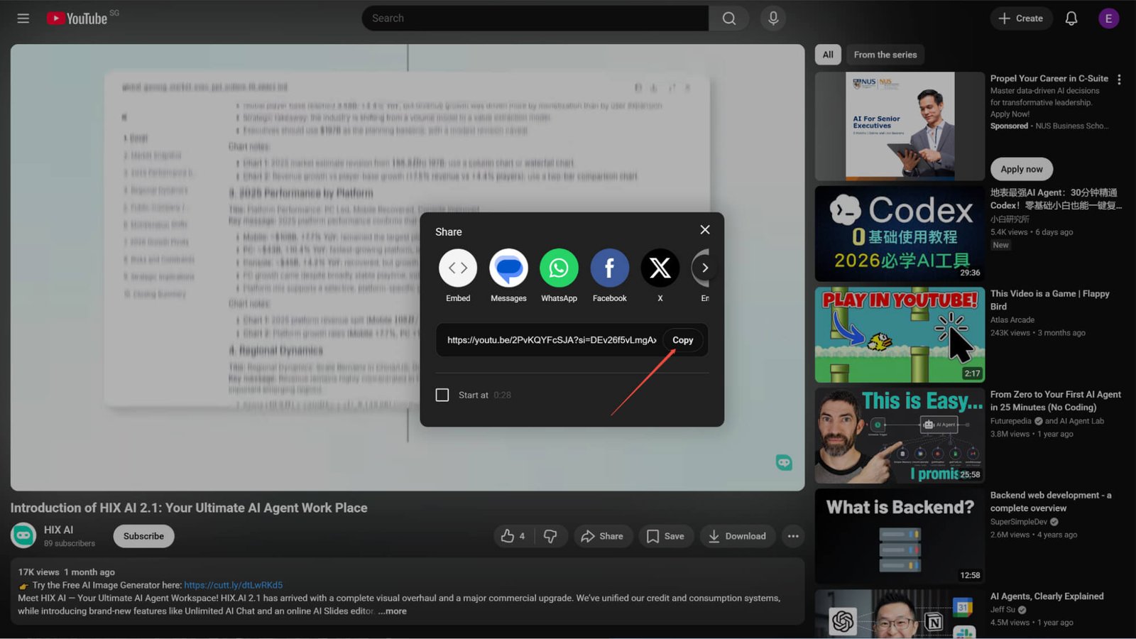 Copier le lien de la vidéo YouTube